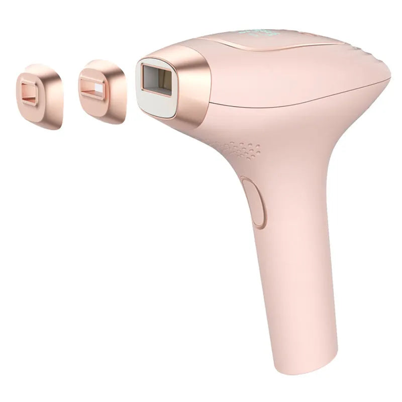 Pink and white laser hair removal device with ice-sensing technology, protective glasses, and charging cable
