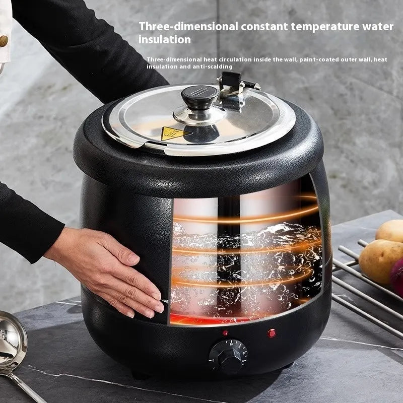 Black stainless steel electric insulation soup pot with steel lid, 10 litre capacity.