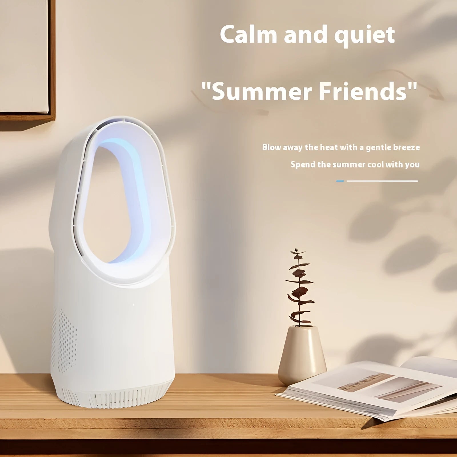 SK white bladeless tower fan with remote control on desktop