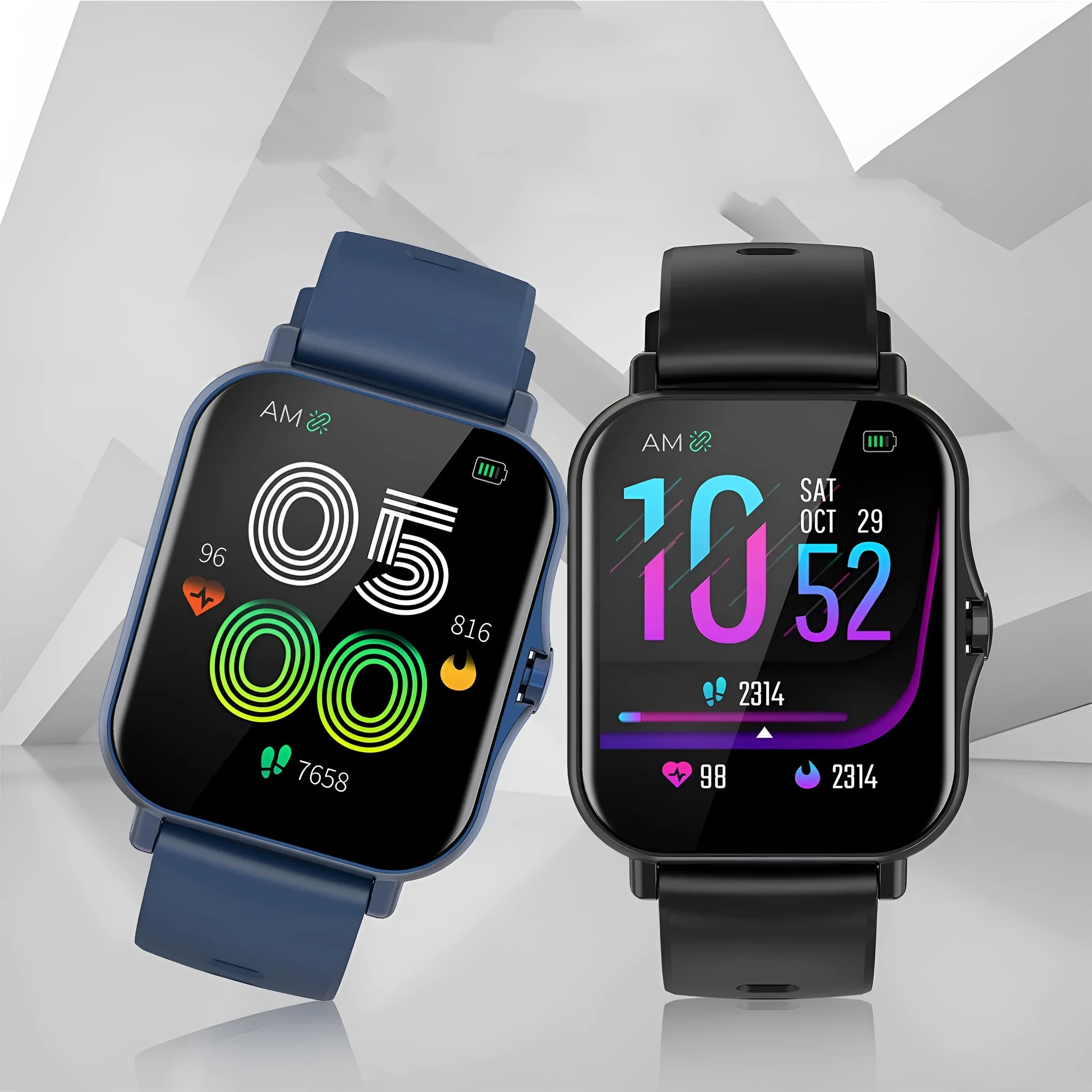 W10 model smart watch in blue with a curved touch screen displaying heart rate, worn on a wrist.
