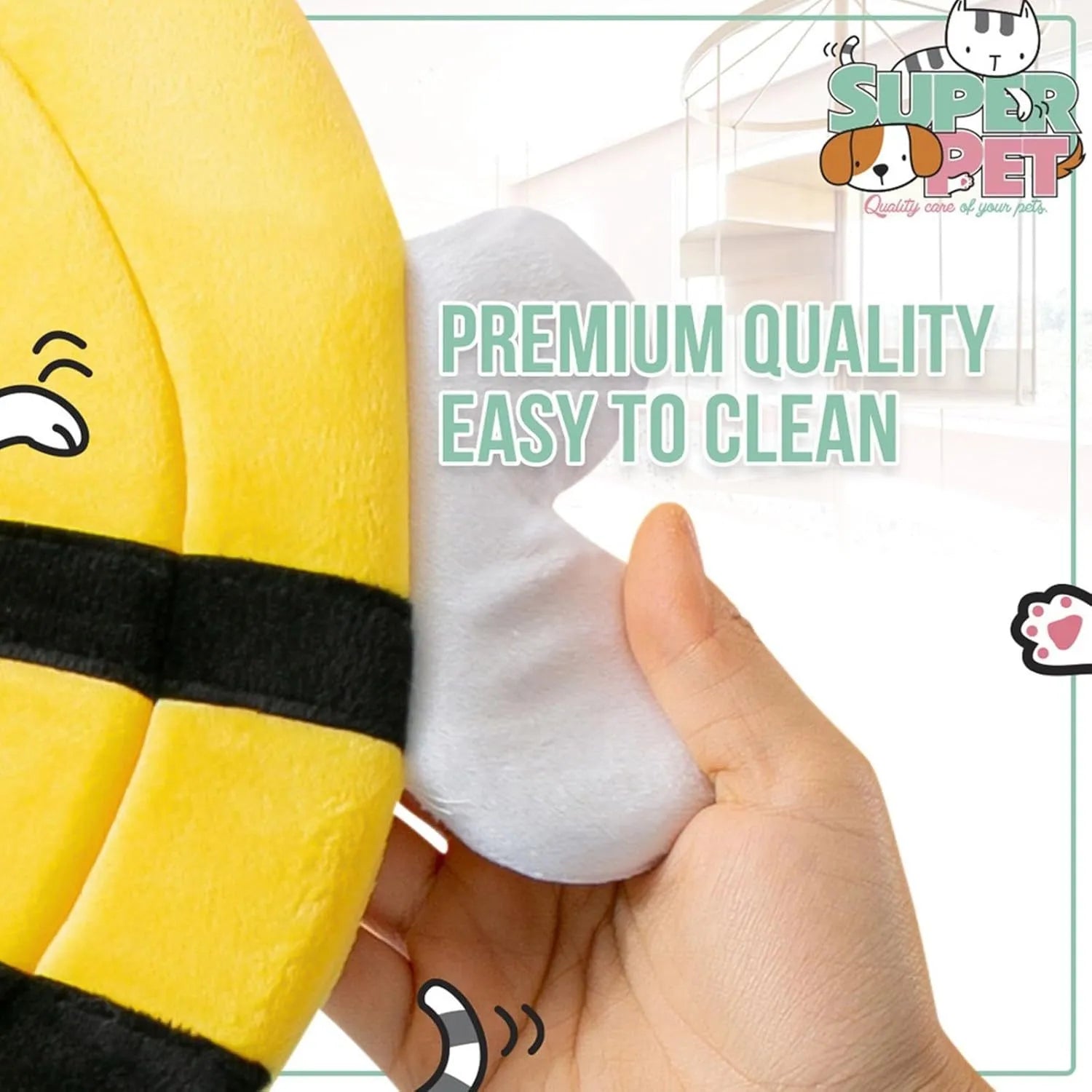 Soft fabric cat cone collar with black and yellow bee design and Velcro closure.