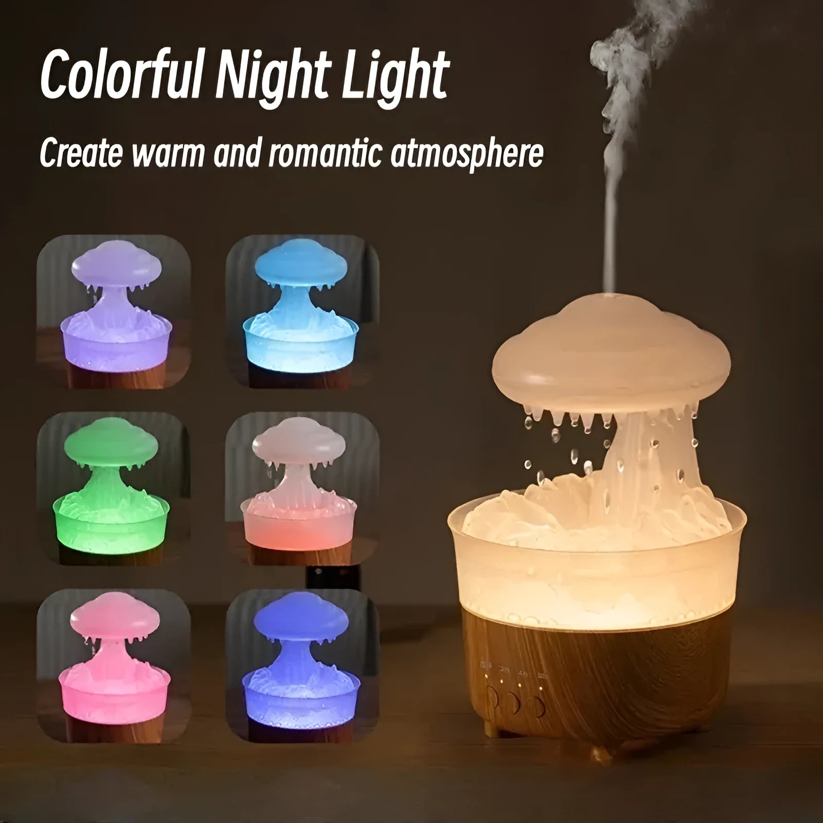 Wood grain white rain cloud shaped ultrasonic humidifier and essential oil diffuser with LED night lights.