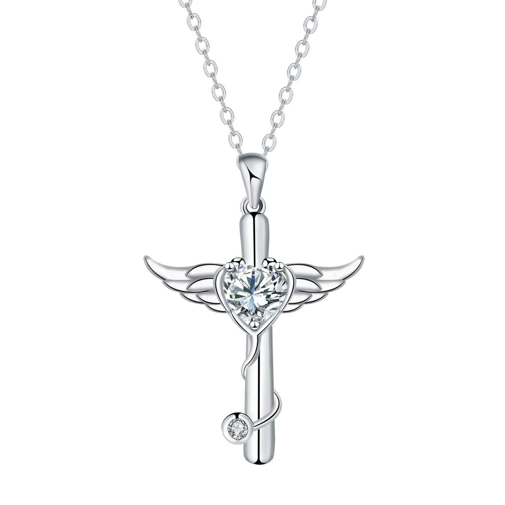 Sterling silver electroplated cross stethoscope necklace with wing design pendant and diamond crystals