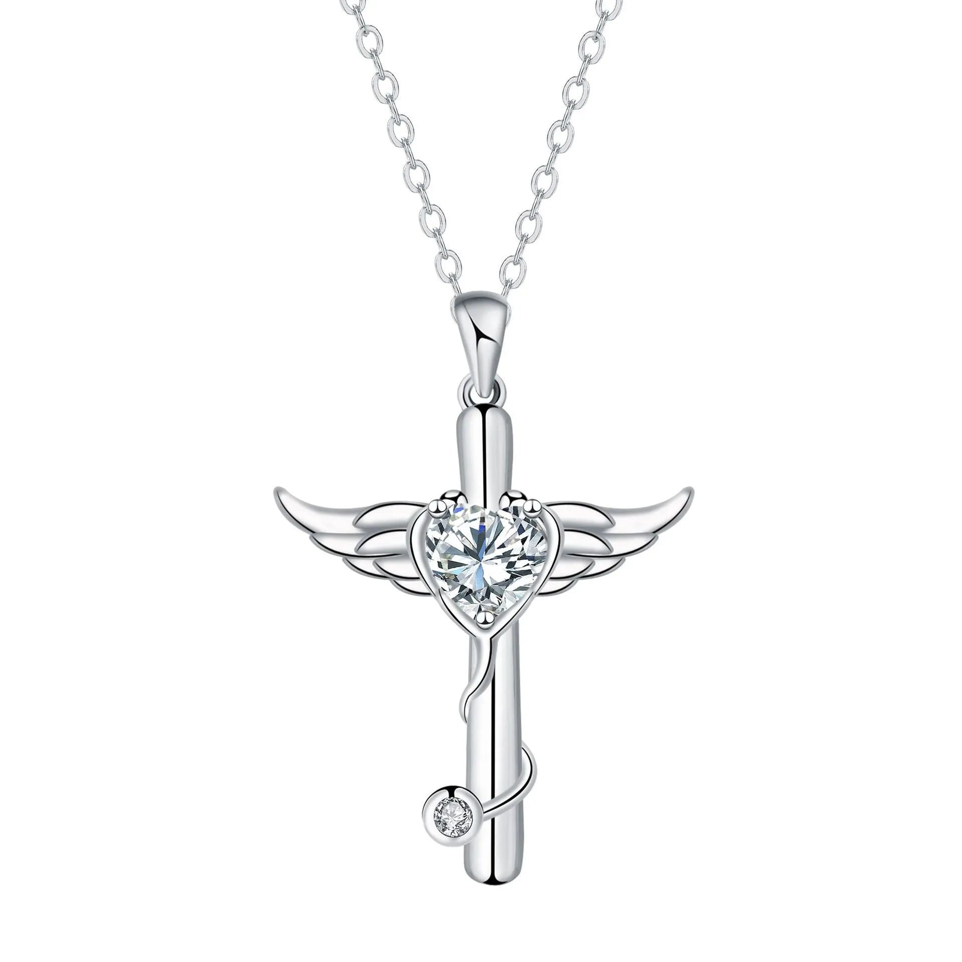 Sterling silver electroplated cross stethoscope necklace with wing design pendant and diamond crystals