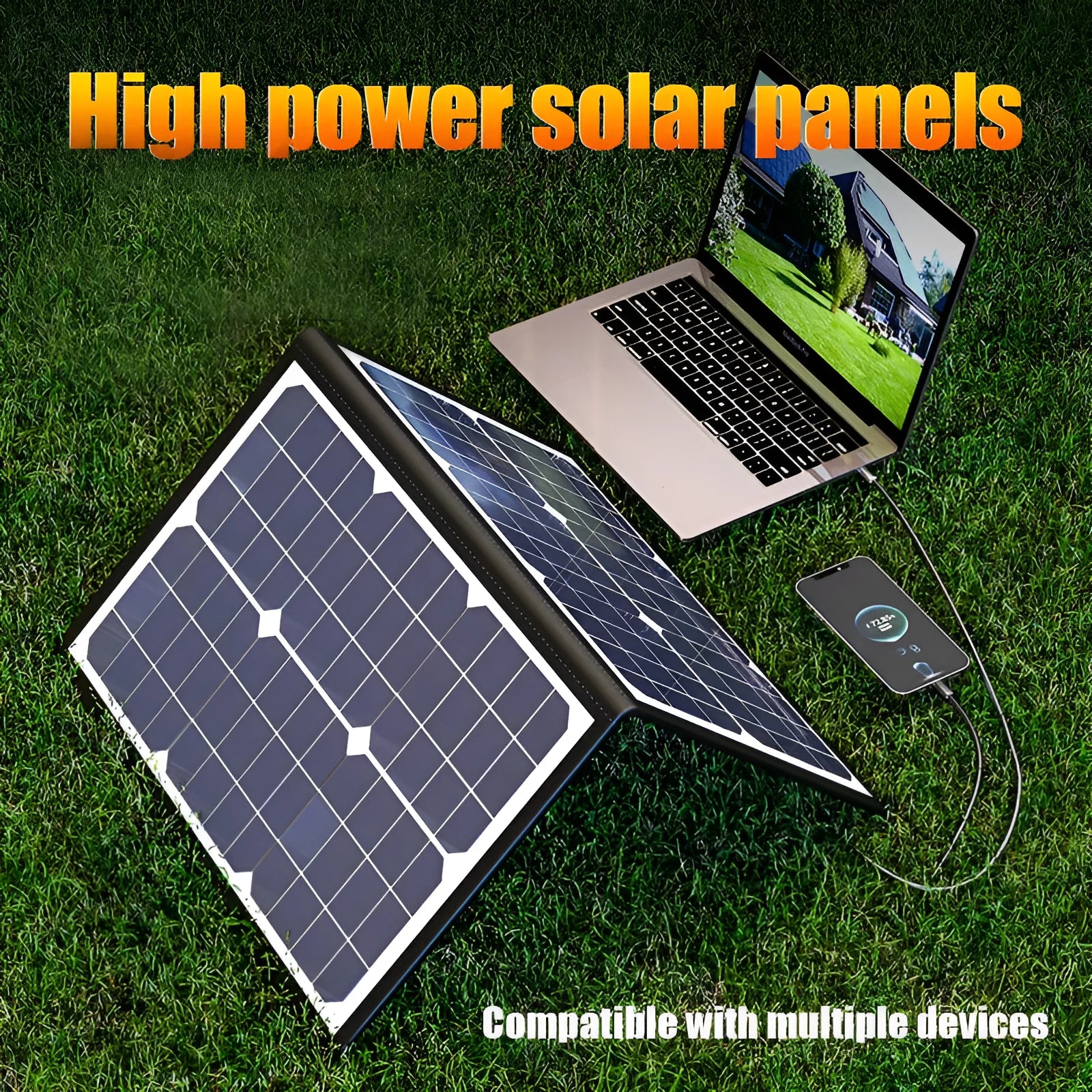 Black 40W folding solar panel unfolded for use with portable carrying bag