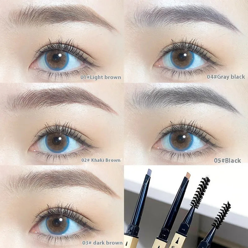 Gold chopsticks design ultra-fine eyebrow pencil in a display of five shades: light brown, kaki brown, dark brown, grey black, and black.