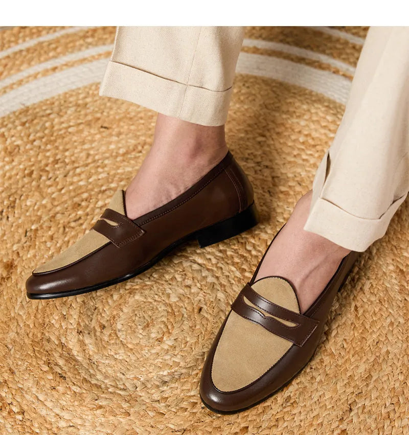 Coffee grey Belgian loafers with high-gloss suede leather uppers and rubber soles