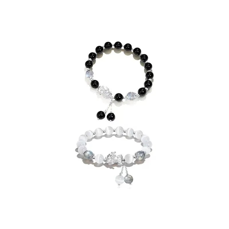 Natural black agate couple bracelet with 10mm wave beads and grey opal accents