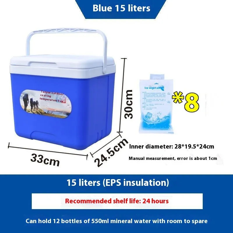 Blue portable insulated cooler bag with aluminium foil interior, shown in multiple size options.
