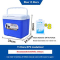 Blue portable insulated cooler bag with aluminium foil interior, shown in multiple size options.