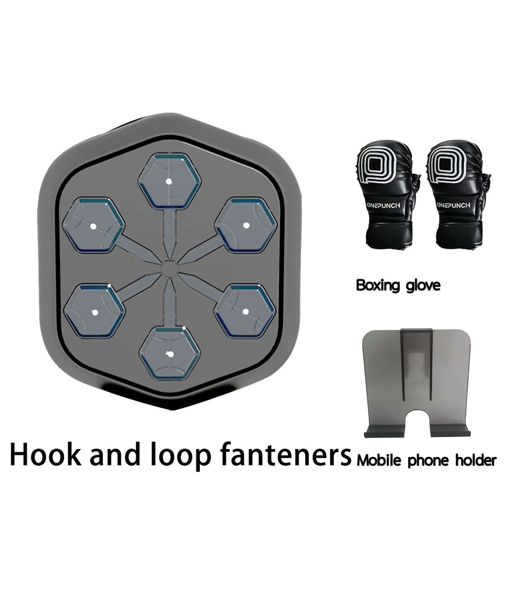 Black smart music boxing machine with Bluetooth connection and included boxing gloves for fitness training