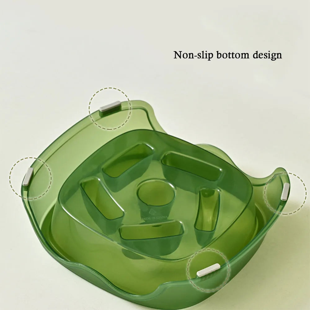 Plastic slow feeder dog bowl in blue, grey, green, and orange colour options