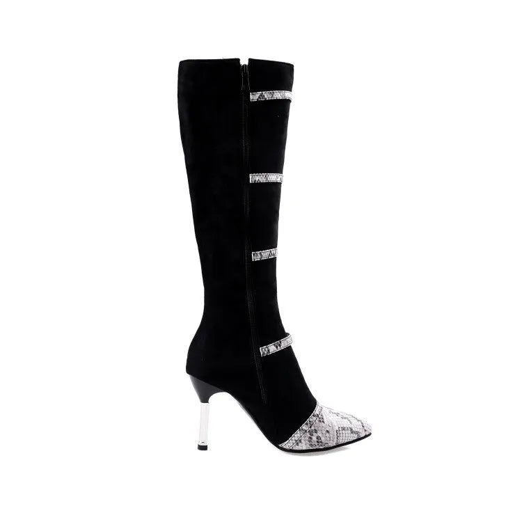 Grey women's knee-high boots with a thin high heel on a rubber sole.