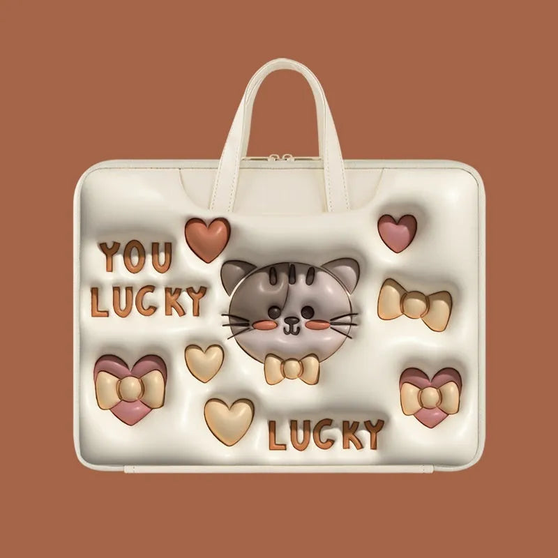 Inflatable PU leather laptop bag with hanging strap shown in a cute panda pattern design.
