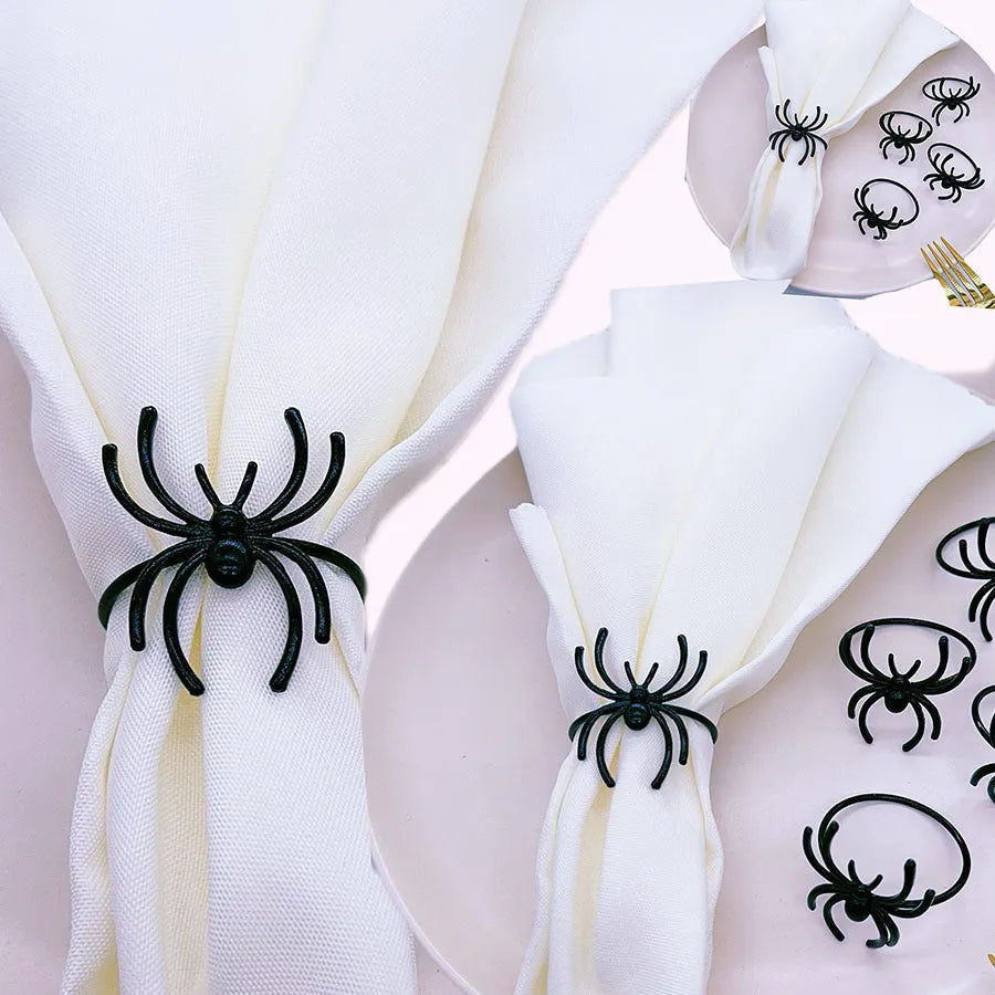 Six black alloy spider design napkin rings for Halloween table settings