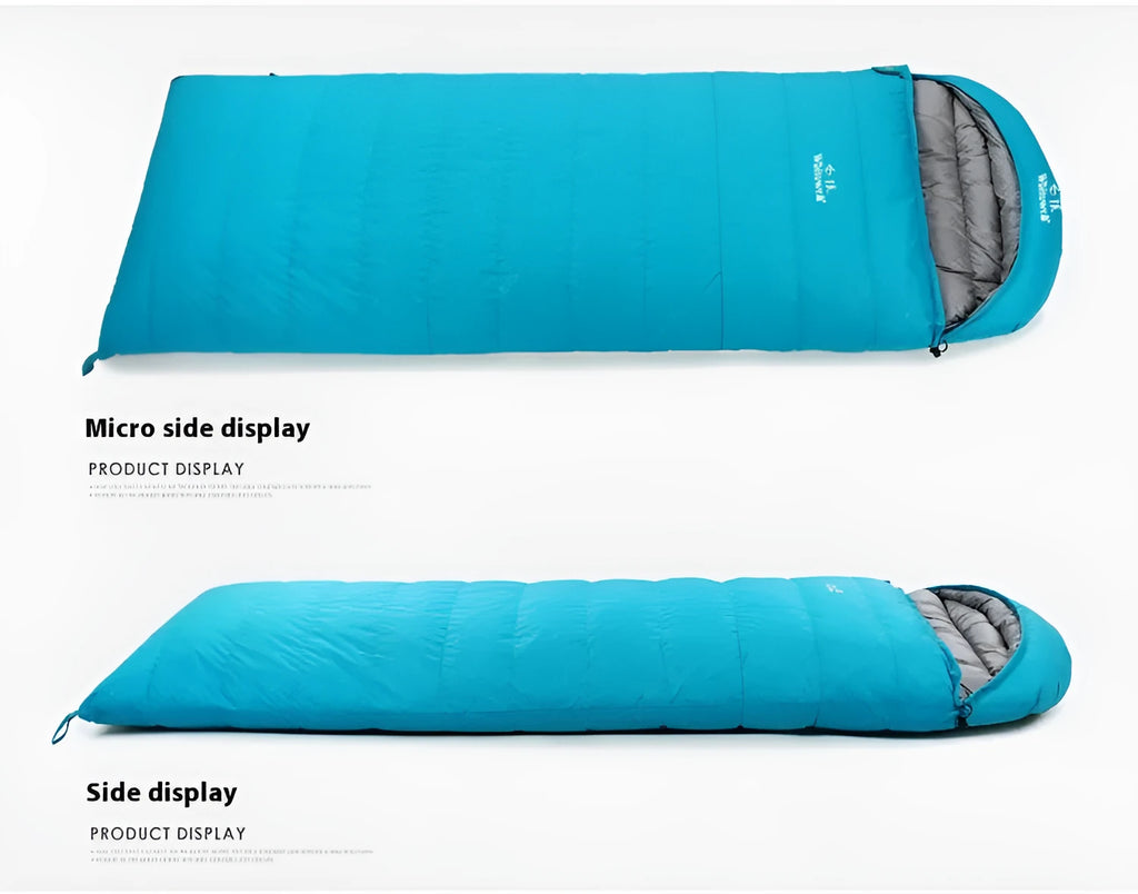 Black down sleeping bag with envelope structure and white goose down filler