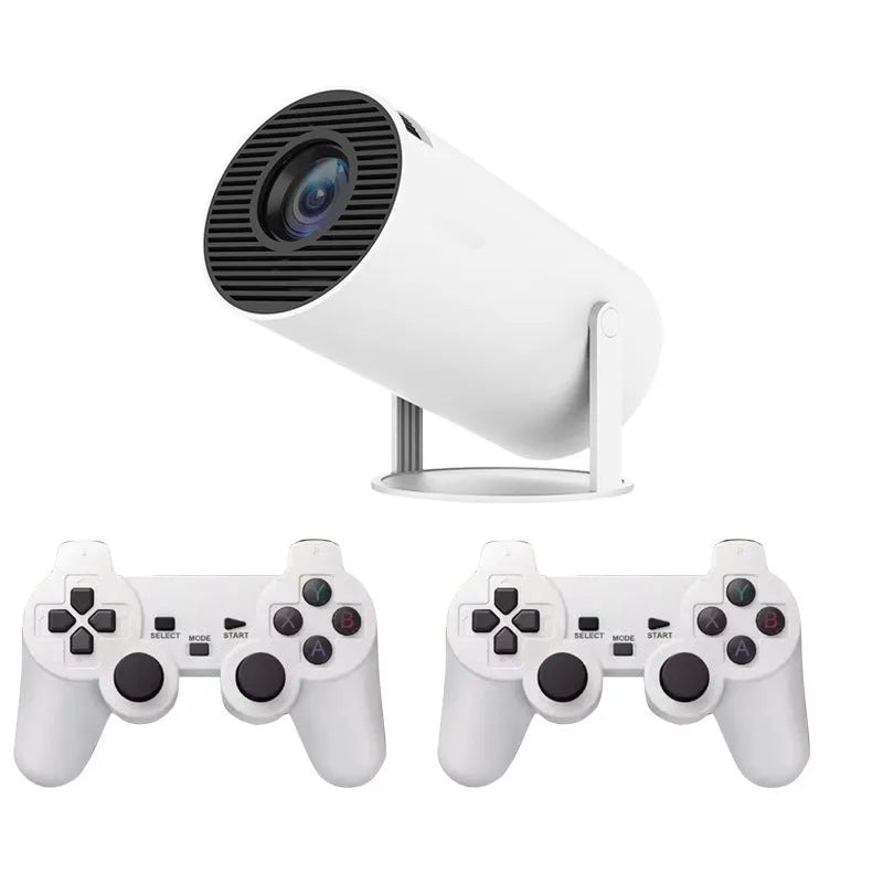 White barrel-shaped X10 PLUS portable smart projector with gamepad and remote control for home wall projection