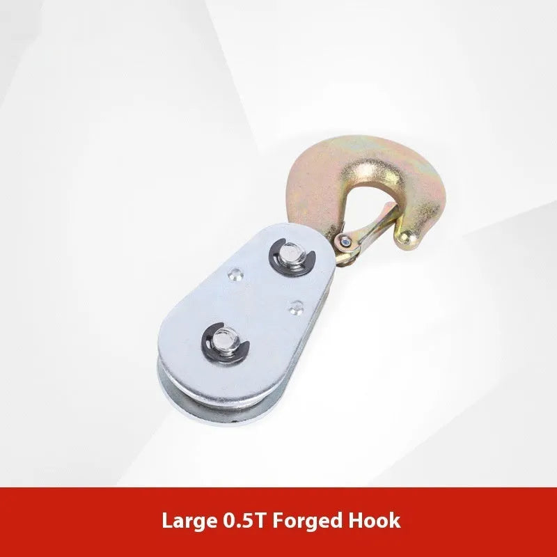 Red forged steel lifting pulley with a safety latch on the hook, for industrial wire rope use.