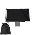 Portable blue children's aircraft seat extender with adjustable pedal device and matching drawstring pocket.