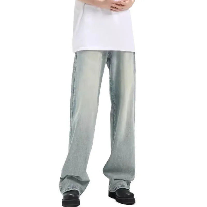 Blue loose-fit retro casual trousers made from rabbit fur fabric on a plain background.