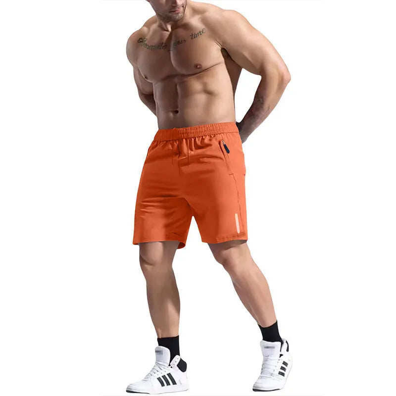 Men's grey elastic waist sports shorts made from bamboo blend fabric on a plain background.
