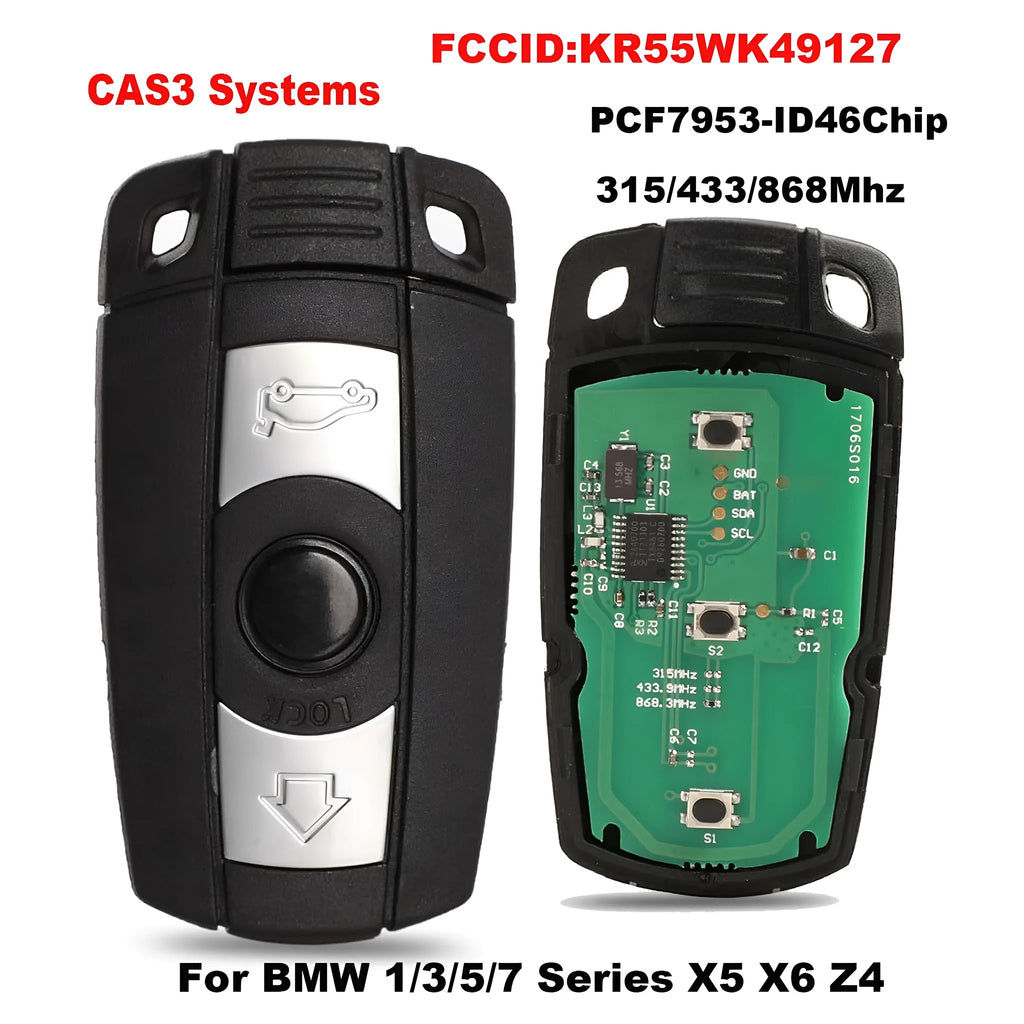 BMW CAS3 semi-intelligent remote car key fob with three metal keys and HU92 model label
