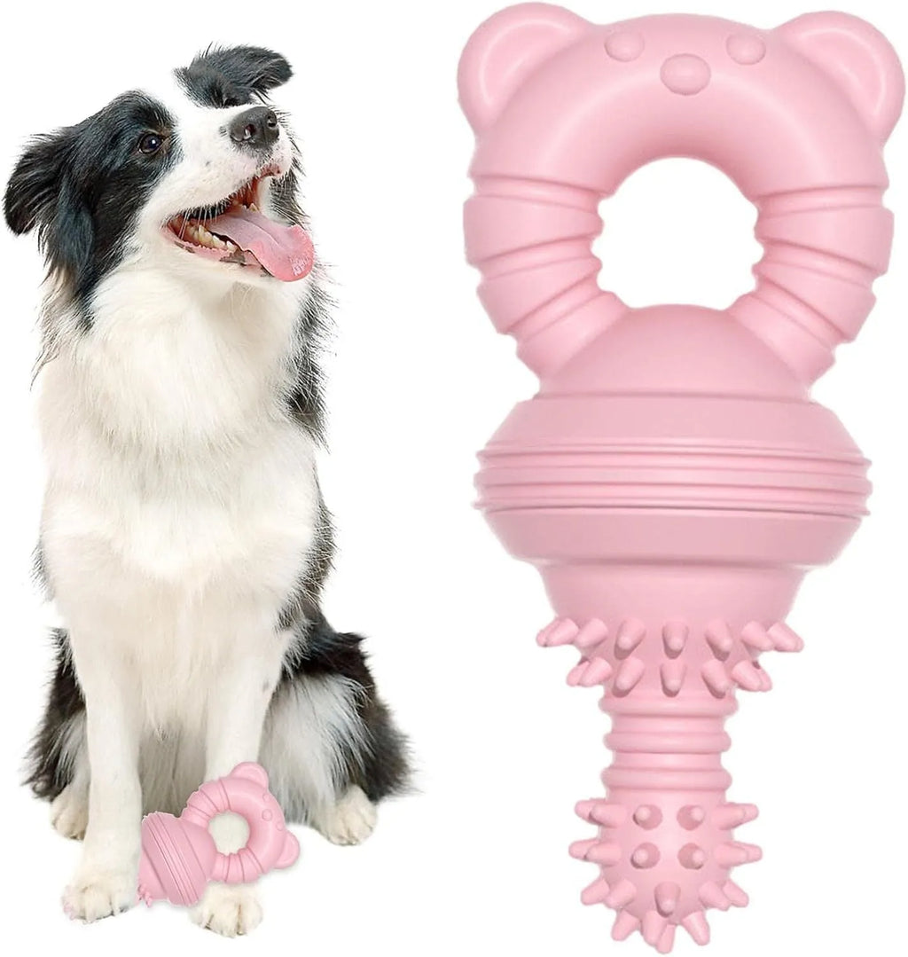 Blue rubber bell-shaped dog chew toy with textured surface for teeth cleaning
