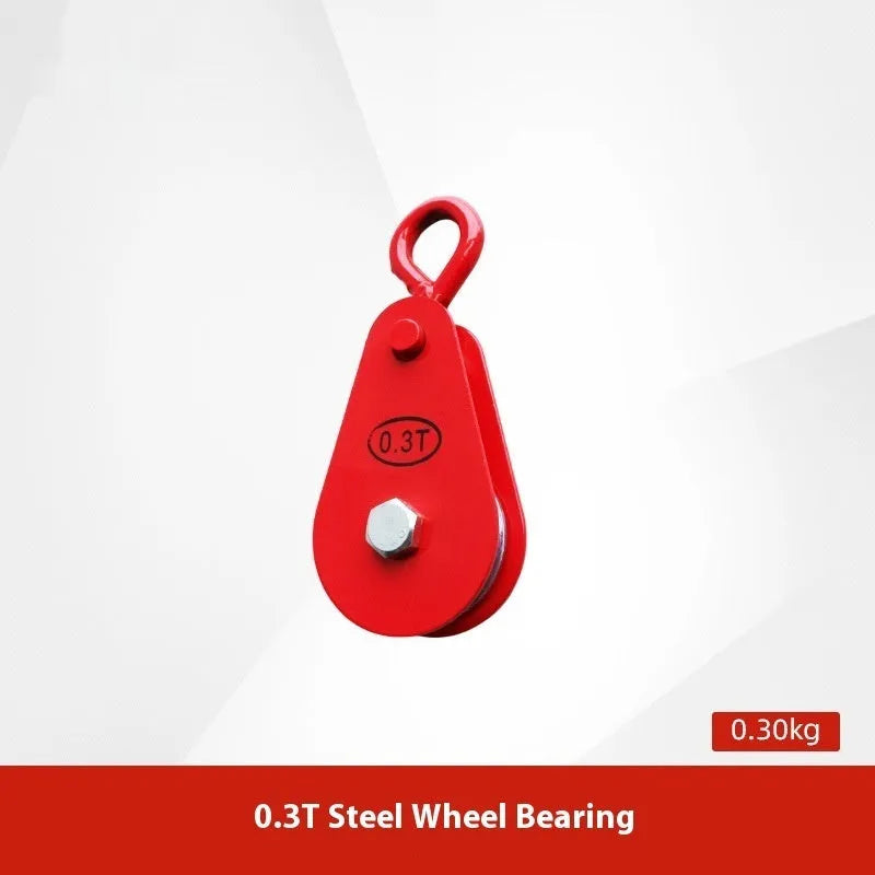 Red forged steel lifting pulley with a safety latch on the hook, for industrial wire rope use.
