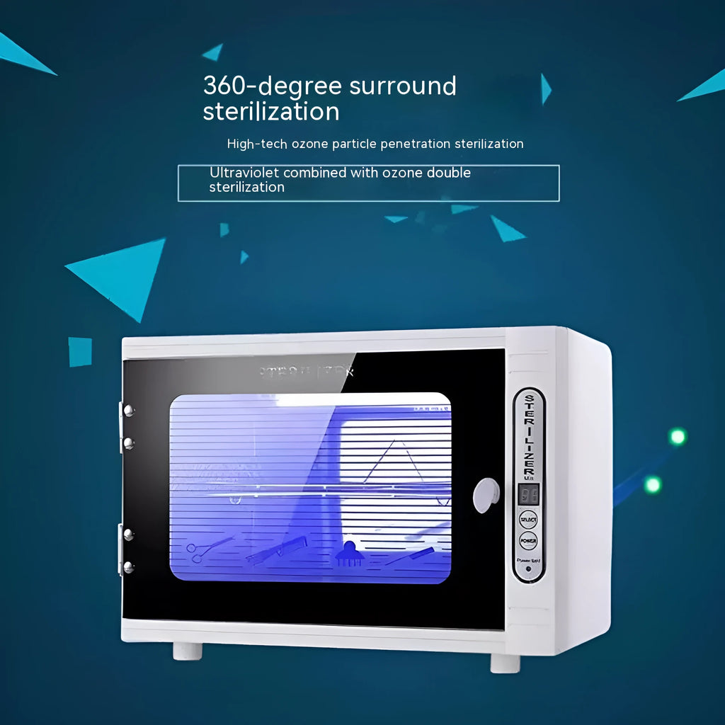 Small silver ultraviolet sterilizer with stainless steel interior for salon tool disinfection
