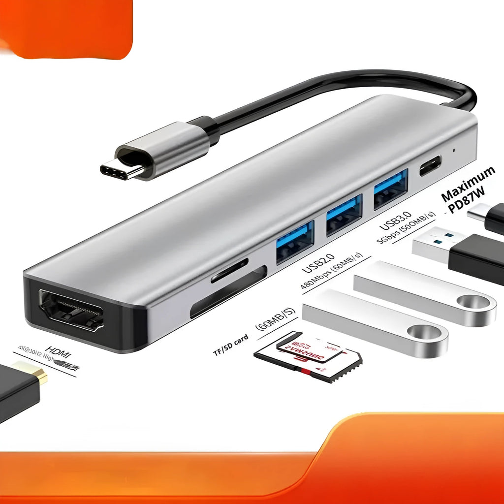 USB C 7-in-1 expansion dock with HDMI port, USB 3.0 connections, and 15cm cable for laptop connectivity