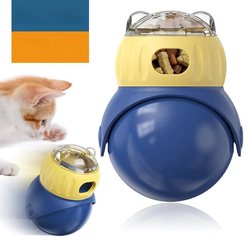 Owl-shaped self-service puzzle feeder toy for cats in Morandi yellow and blue colours.