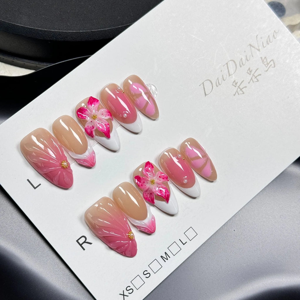 French style manicure plastic wearable armour with three-dimensional lily ice flower design in almond style
