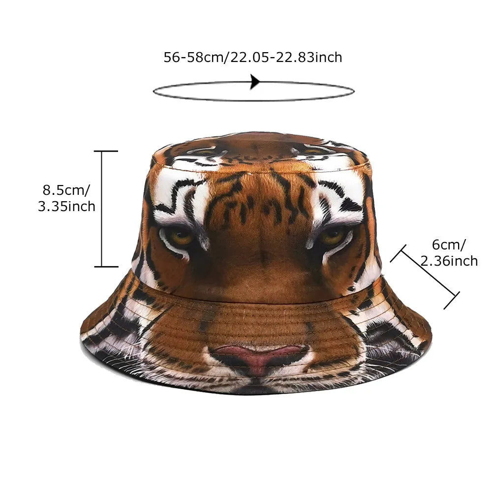 Khaki tiger print polyester bucket hat with dome crown on a neutral background