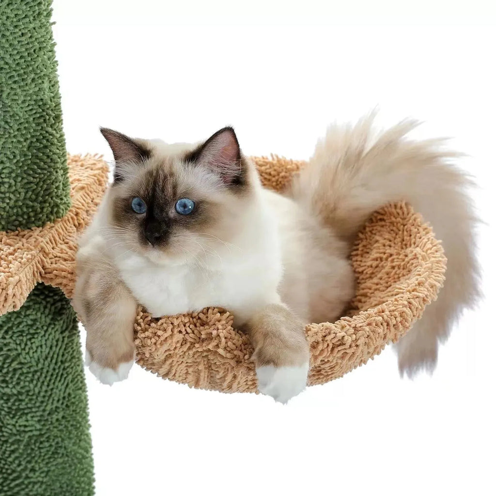 Solid wood cat climbing frame with integrated cat nest, scratch board, and toys