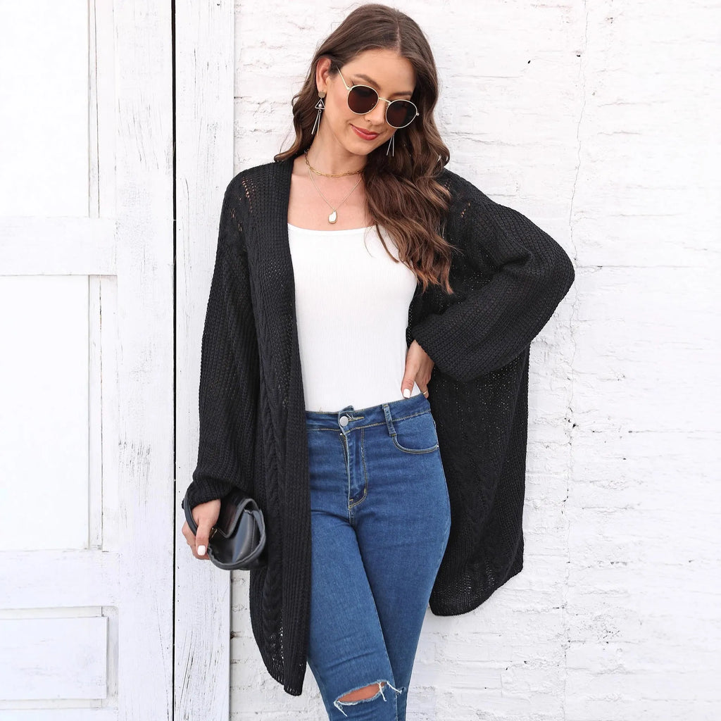 Women's loose fit acrylic sweater coat in army green, shown front on, casual style.