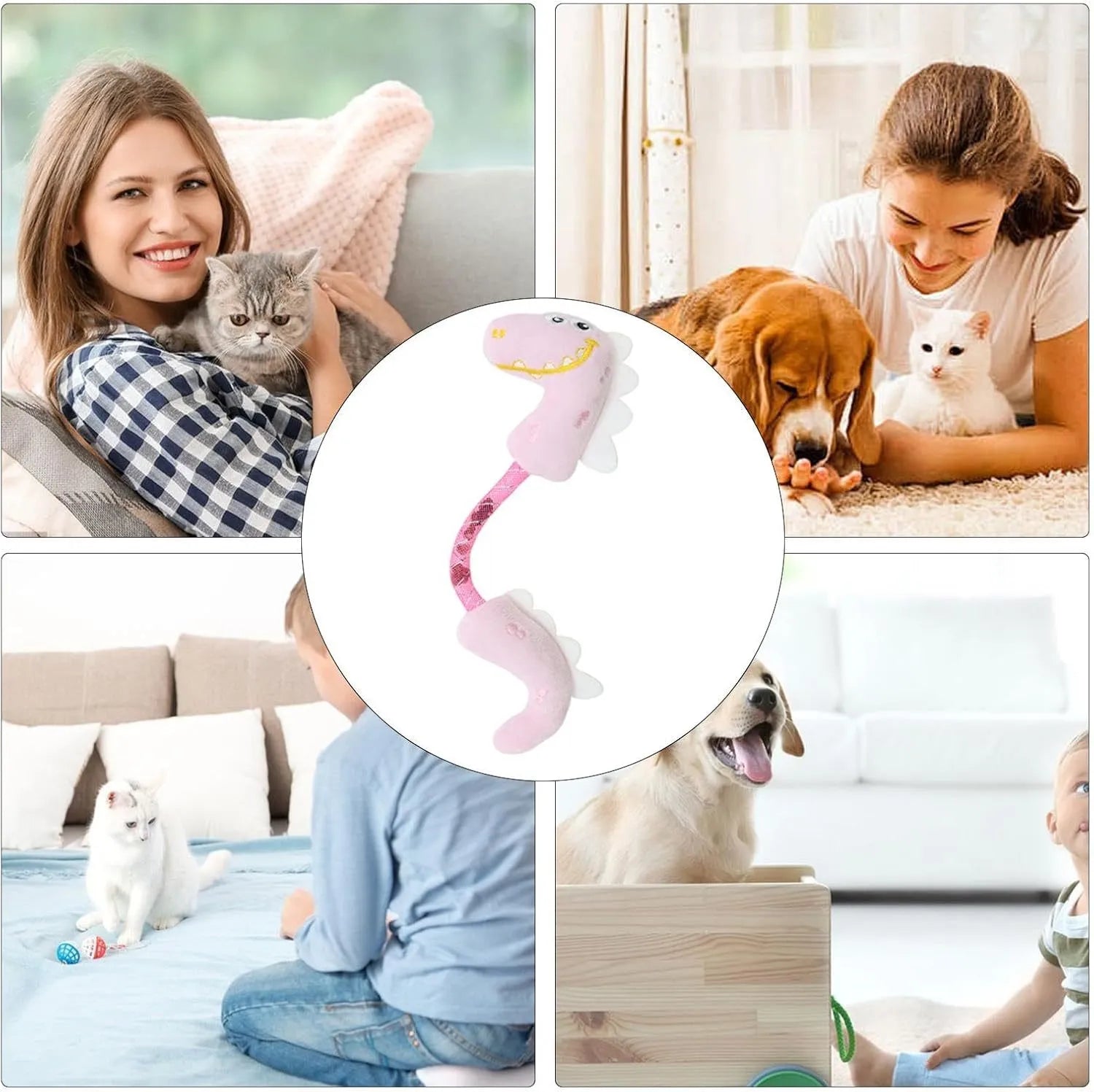 Four different cat chew toys including rope, spring, and plush kicker types in pink, purple, or yellow colours