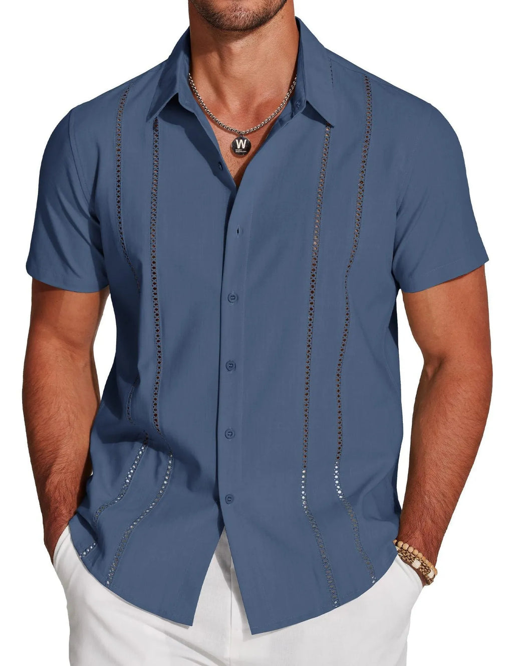 Men's slim fit Hawaiian short sleeve shirt with digital print pattern.