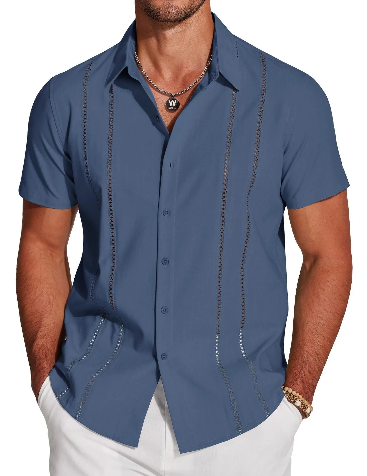 Men's slim fit Hawaiian short sleeve shirt with digital print pattern.