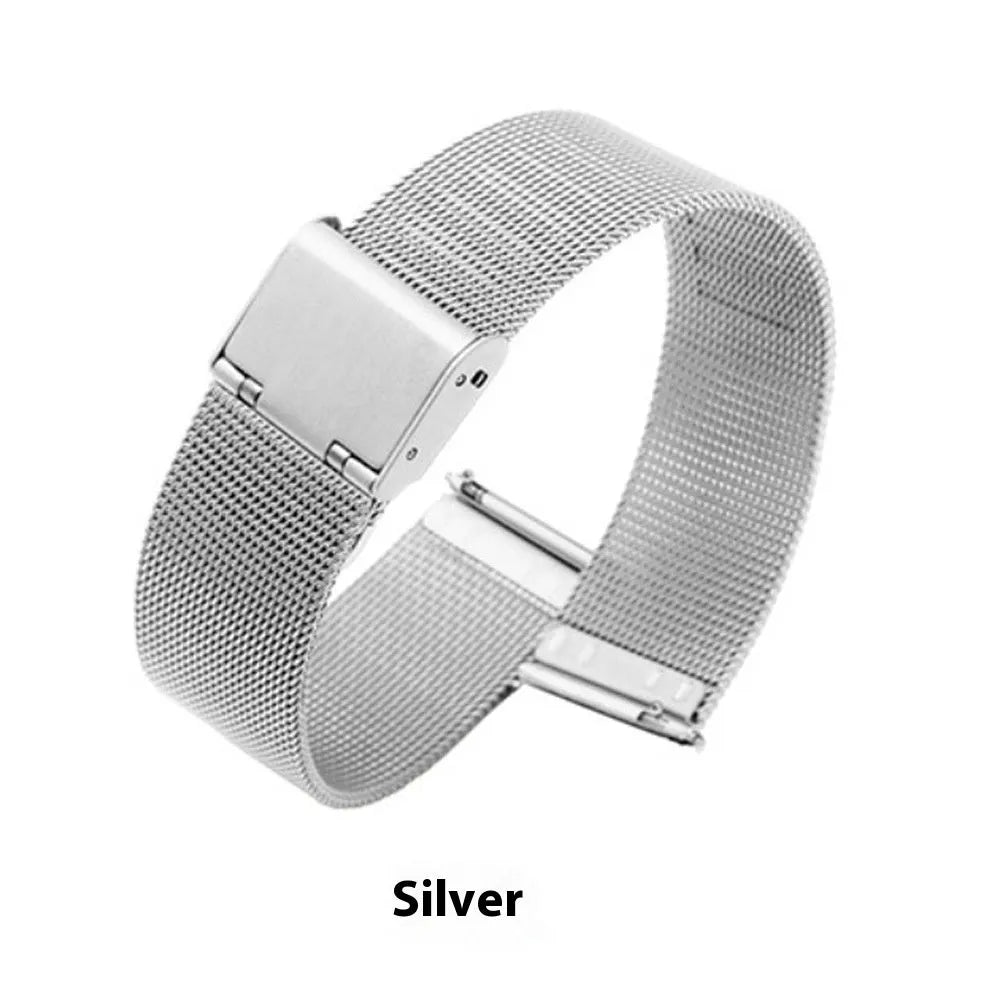 Milani silk woven stainless steel watch band in silver, black, rose gold and gold colours showing texture.