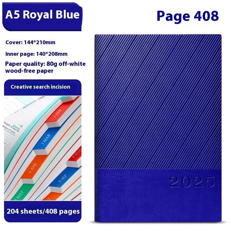 A4 striped PU leather business notepad open showing 80g wood-free paper