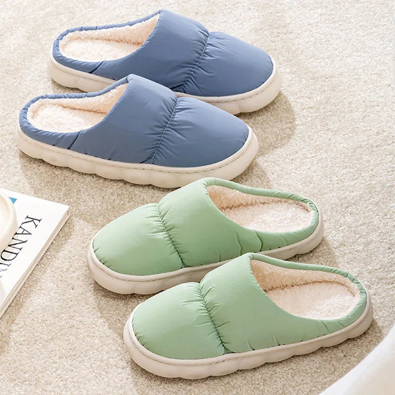 Down cotton plush slippers with thick rubber soles in blue, green, grey, pink, or yellow colours