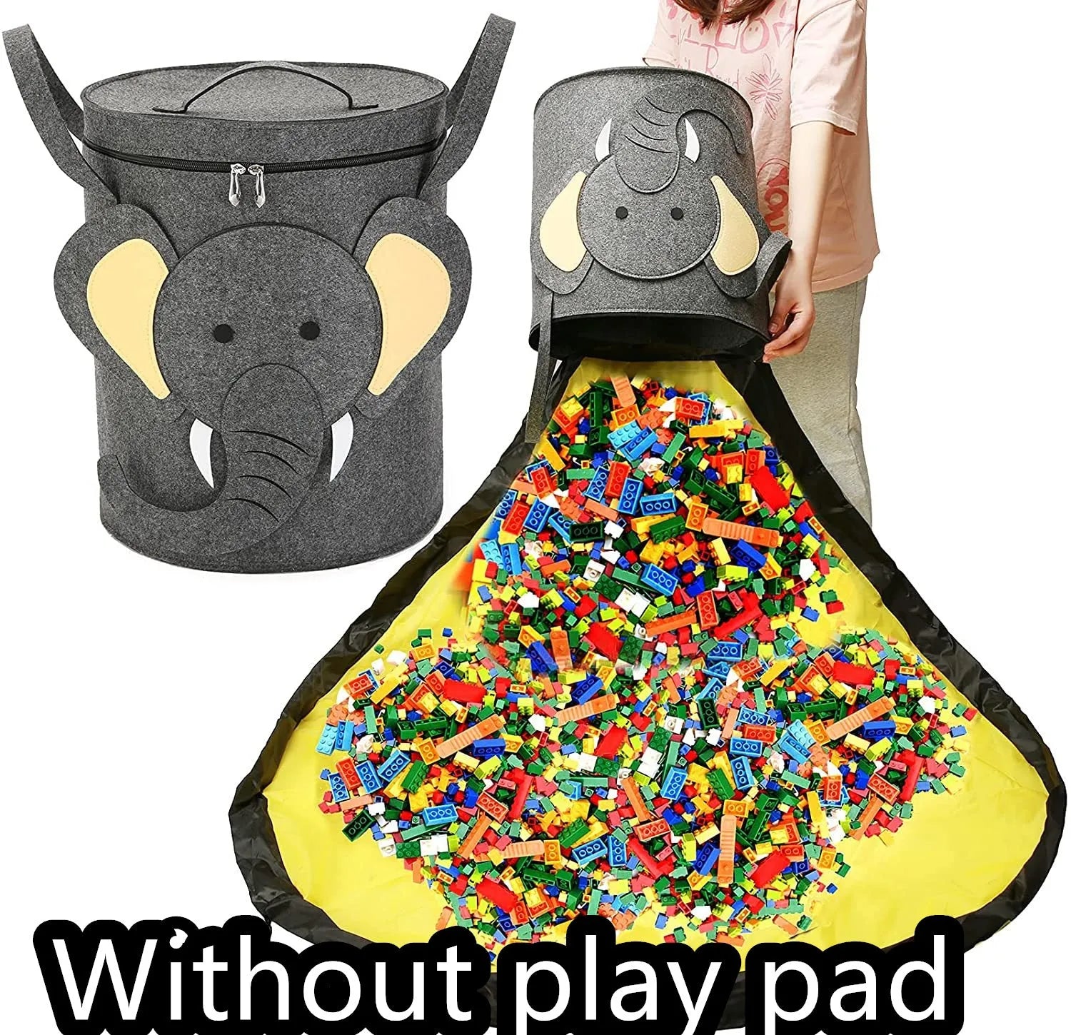 Green felt cube storage bag with pull rope shown as both toy container and play mat