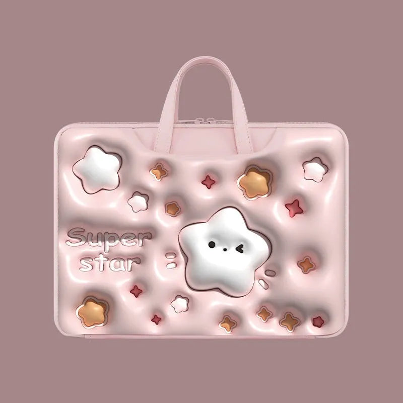 Inflatable PU leather laptop bag with hanging strap shown in a cute panda pattern design.