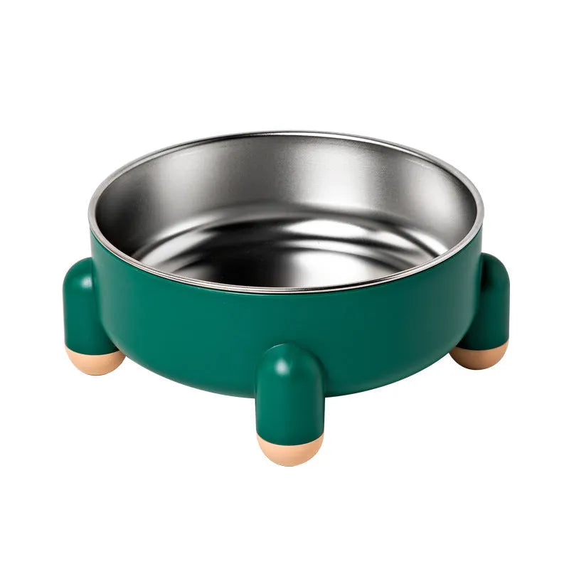 Green stainless steel pet bowl with a non-slip base and raised high foot for dogs and cats.