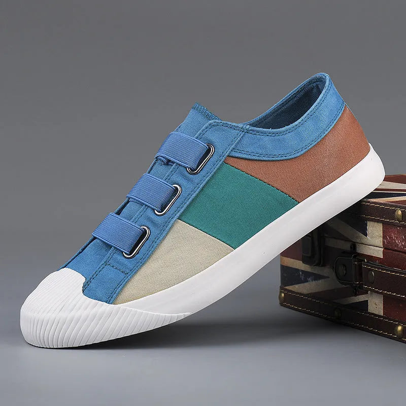Men's canvas sneakers in multiple colours with elastic band closure and vulcanised rubber soles
