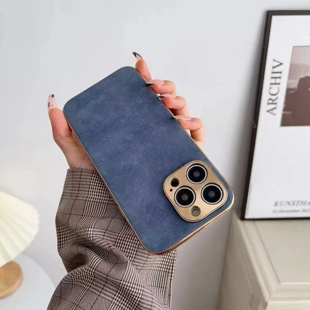 Leather texture iPhone case in grey, black, grey-green, or blue colours showing front and back views