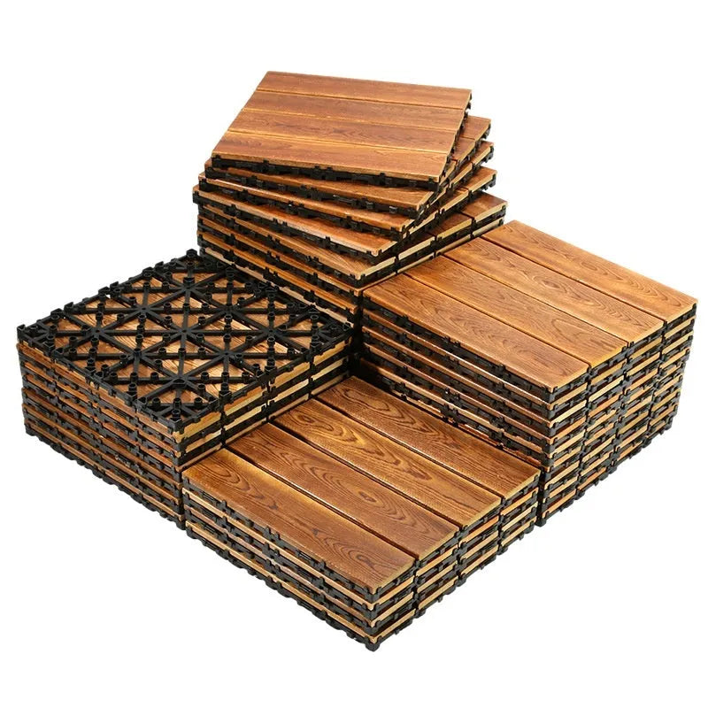 Square pine wood floor panel for balcony with 30cm dimensions and a brushed finish.