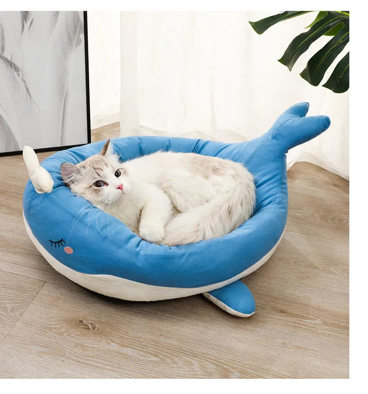 Blue duck-shaped pet bed sofa for small dogs and cats on white background