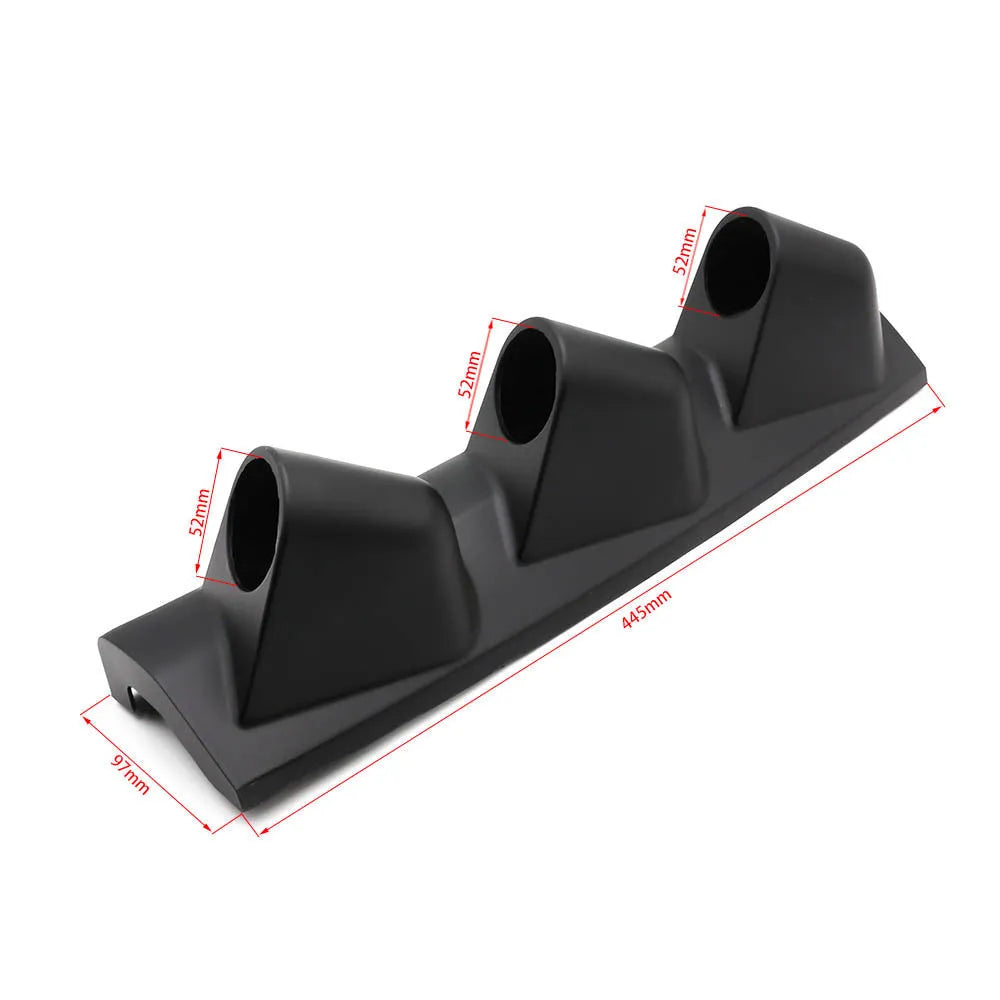 Black ABS plastic instrument stand with three mounting holes and 52mm gauge opening