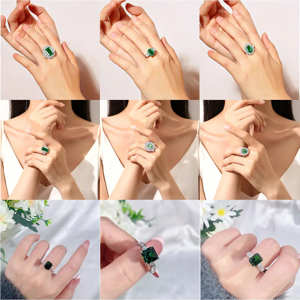 Geometric women's S925 silver ring with an elliptical emerald and Palaibahao high-carbon diamond inlay.
